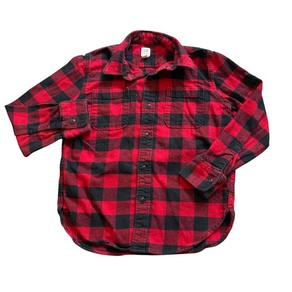 GAP Buffalo Plaid Flannel Button Down Boys Medium Red Black - Picture 1 of 5